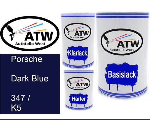 Porsche, Dark Blue, 347 / K5: 500ml Lackdose + 500ml Klarlack + 250ml Härter - Set, von ATW Autoteile West.